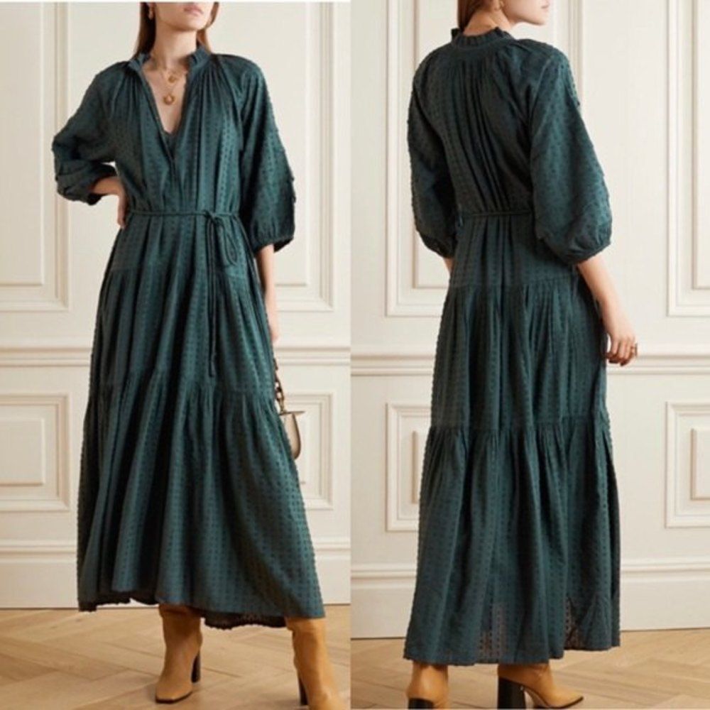Apiece Apart Women's Size 2 Emerald Green Tiered Fil Coupe Voile Maxi Dress